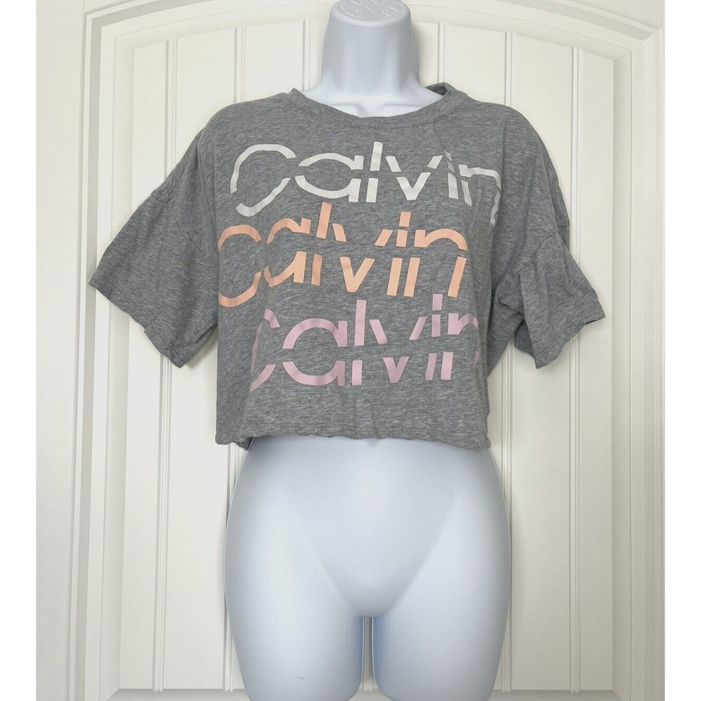 Calvin Klein Performance Sliced Logo Cropped‎ Gray Short Sleeve T-Shirt Womens M